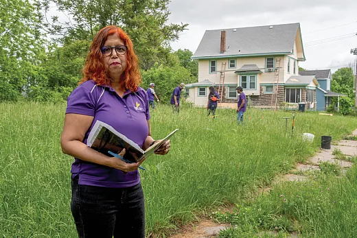 Kansas State University (KSU) soil chemist Ganga Hettiarachchi and her students visiting a Kansas City neighborhood where they are working on a project to test if soil amendments can lower blood lead levels in children. Photo by Dan Donnert/KSU.